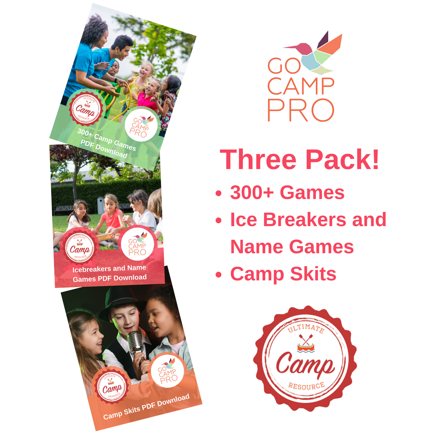 Promotional image for Go Camp Pro featuring a three-pack of game ideas including ice breakers, name games, and camp skits. It shows children playing and interacting with each other, with text overlays detailing the content.