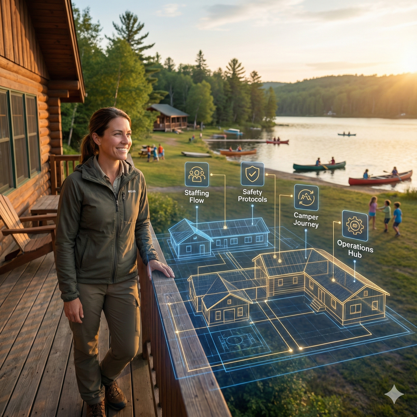 Woman standing on a cabin deck with a scenic lake view, overlaid with digital schematics.