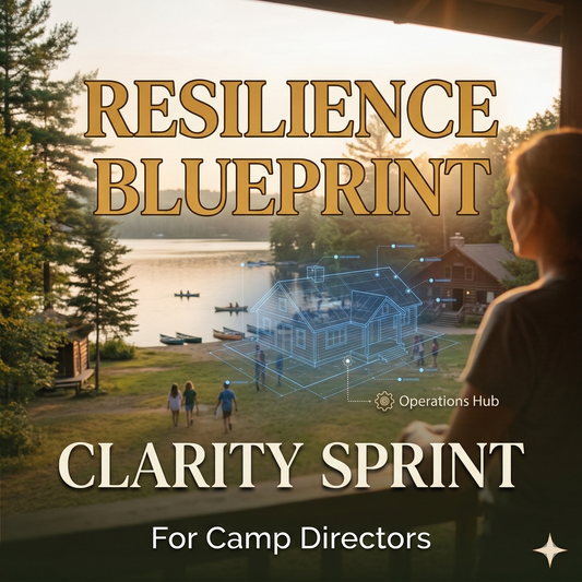 Person looking at a scenic view with text overlay about 'Resilience Blueprint' and 'Clarity Sprint' for camp directors.