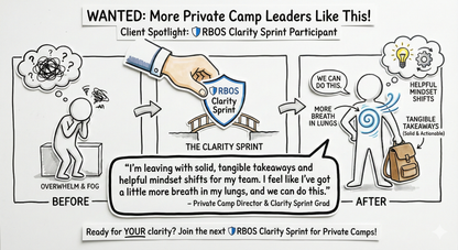 Cartoon illustration of a private camp leadership training program with text and graphics.